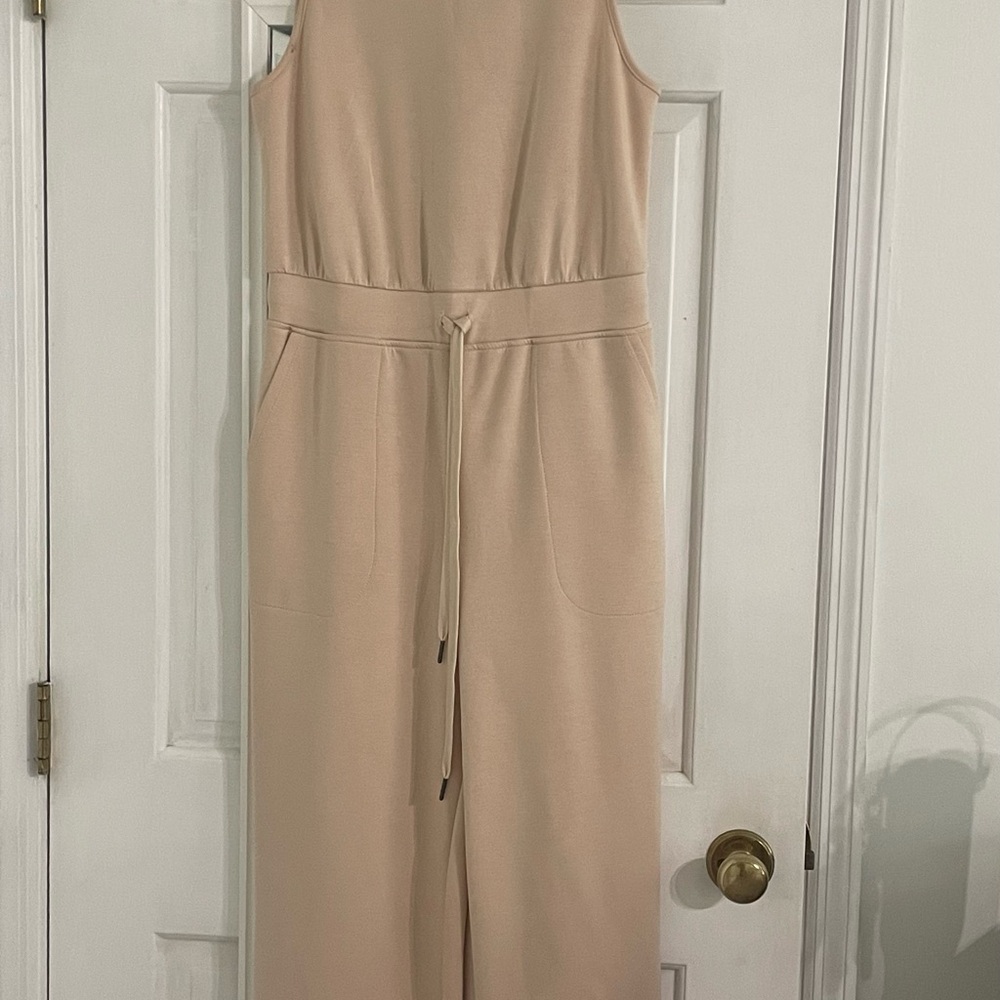 Sleeveless Beige Jumpsuit with Drawstring Waist